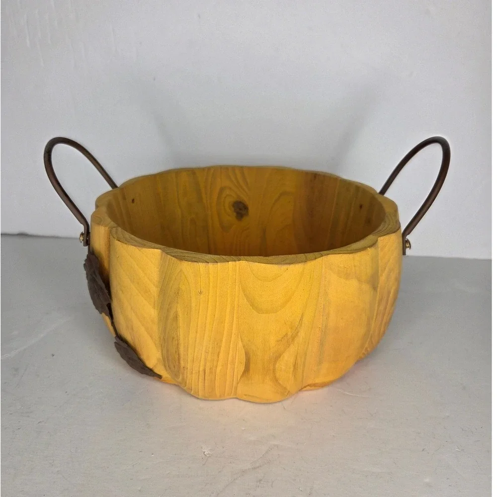 Pier 1 Rustic Wooden Pumpkin Bowl Scalloped Edge Metal Handles Harvest Fall
